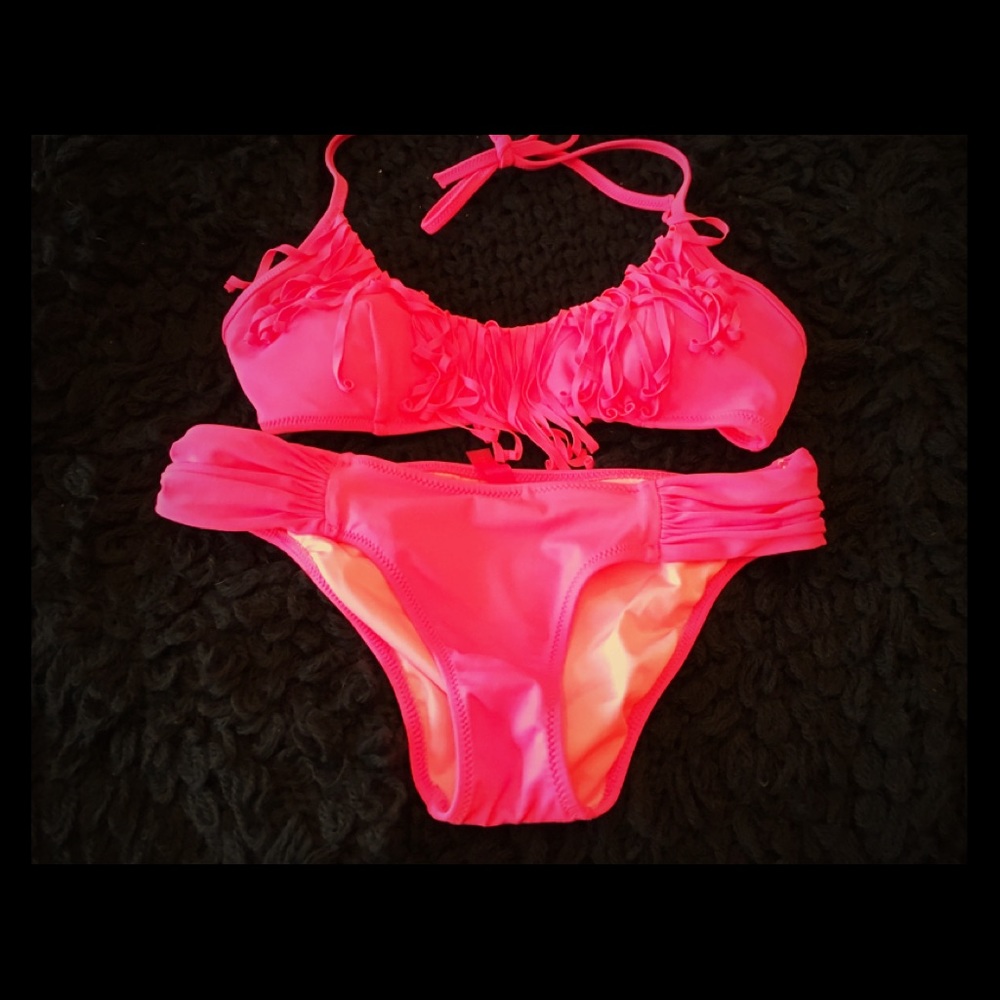 Victoria Secret fringe top bikini in a coral pink